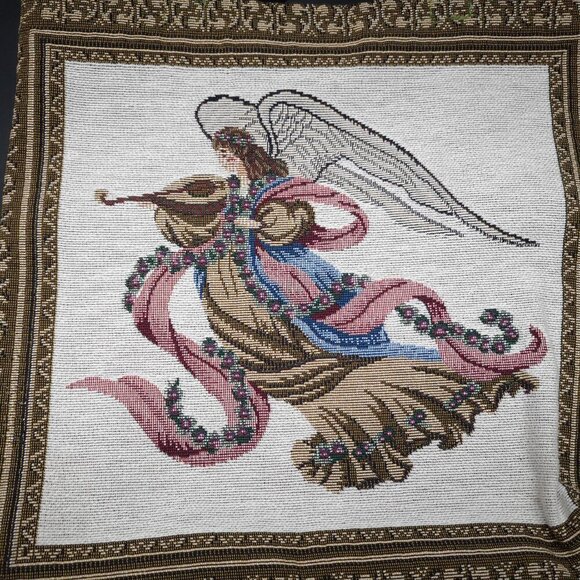 VTG Christmas Themed 15x16" Tapestry Reusable Bag w/ Angel Playing a Mandolin - Picture 2 of 4